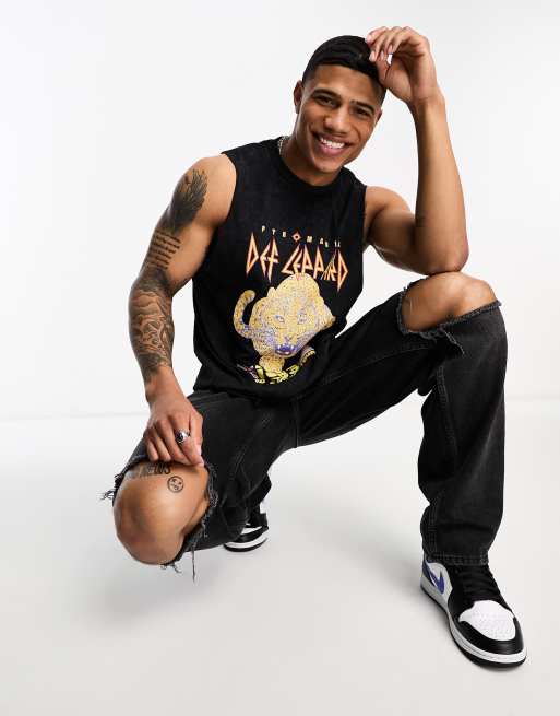 ASOS DESIGN oversized vest with Def Leppard print and distressing in washed black