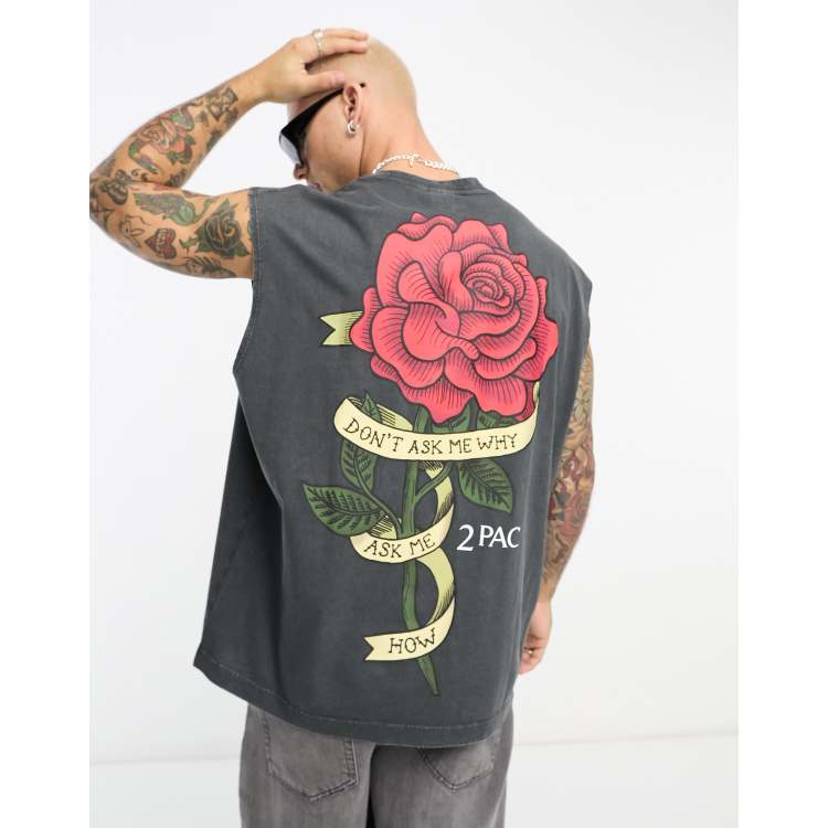 ASOS DESIGN oversized vest with Tupac rose print in washed black