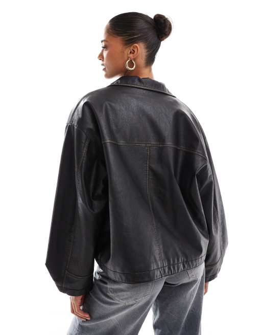 ASOS DESIGN oversized vintage washed leather look jacket in black, 4 of 4
