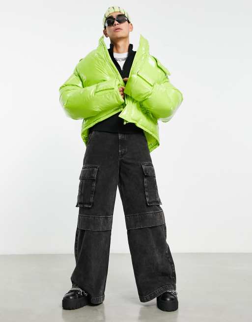 ASOS DESIGN oversized vinyl puffer jacket in lime