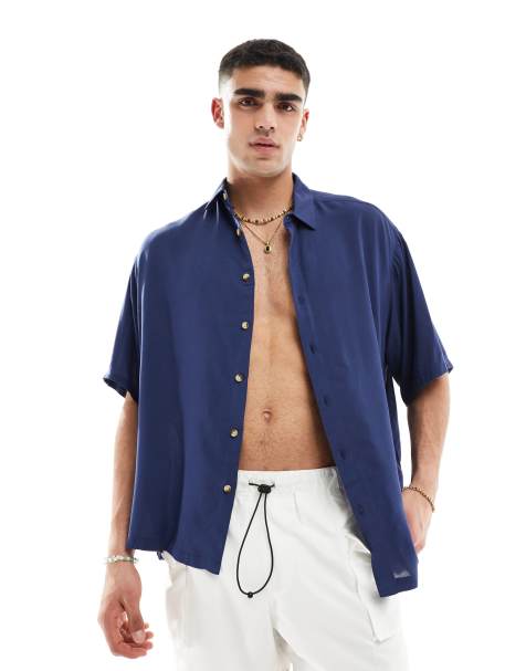 ASOS DESIGN oversized viscose shirt in navy - view 1