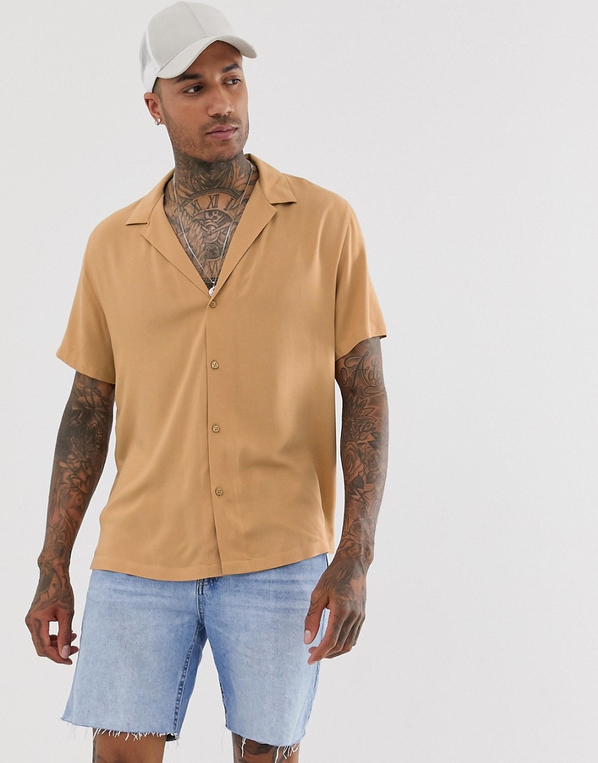 ASOS DESIGN oversized viscose shirt with deep revere collar in tan