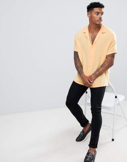 ASOS DESIGN oversized viscose shirt with deep v in peach