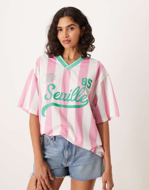 ASOS DESIGN - Oversized voetbal T-shirt met grafische Seville-print in roze en groen