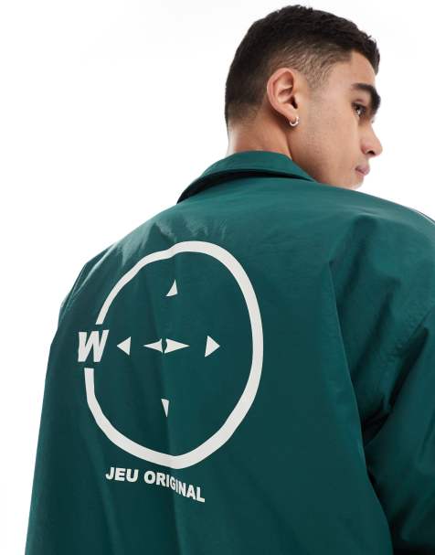 ASOS DESIGN oversized wadded collegiate coach jacket in green with white print - view 1
