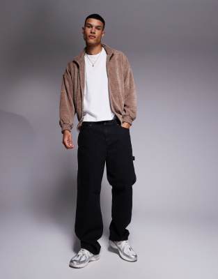 Asos Design Oversized Waffle Funnel Neck Jacket In Brown