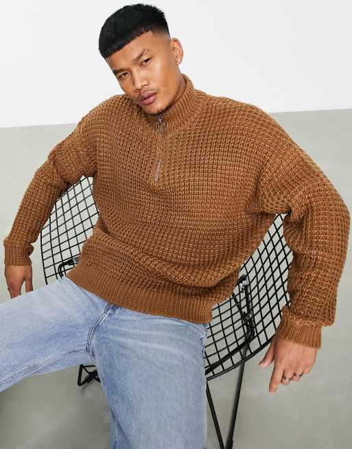 ASOS DESIGN oversized waffle knit half zip sweater in tan