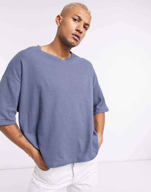 ASOS DESIGN oversized waffle notch neck t-shirt in washed black