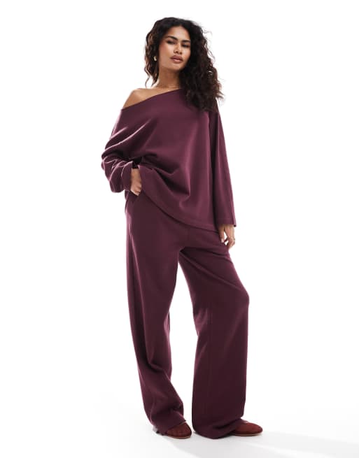 ASOS DESIGN oversized waffle pants in burgundy - part of a set