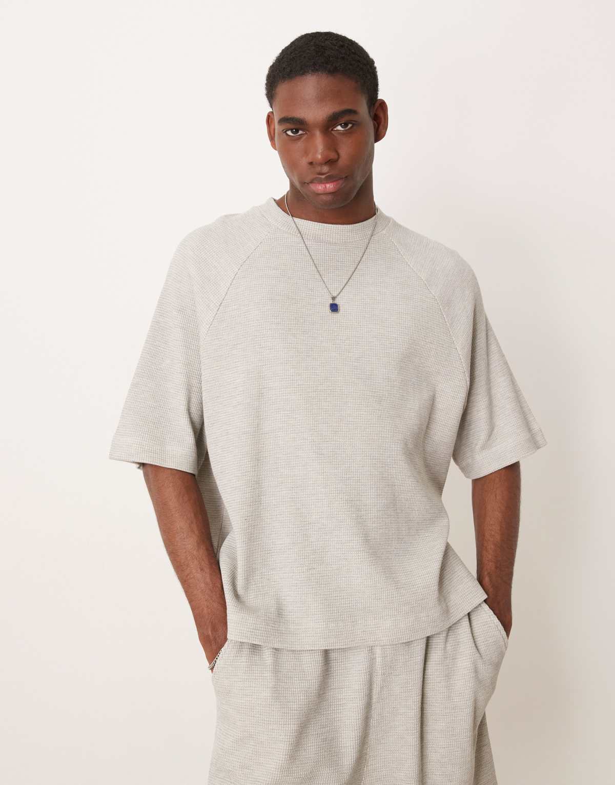 ASOS DESIGN oversized waffle raglan t-shirt co-ord in grey marl