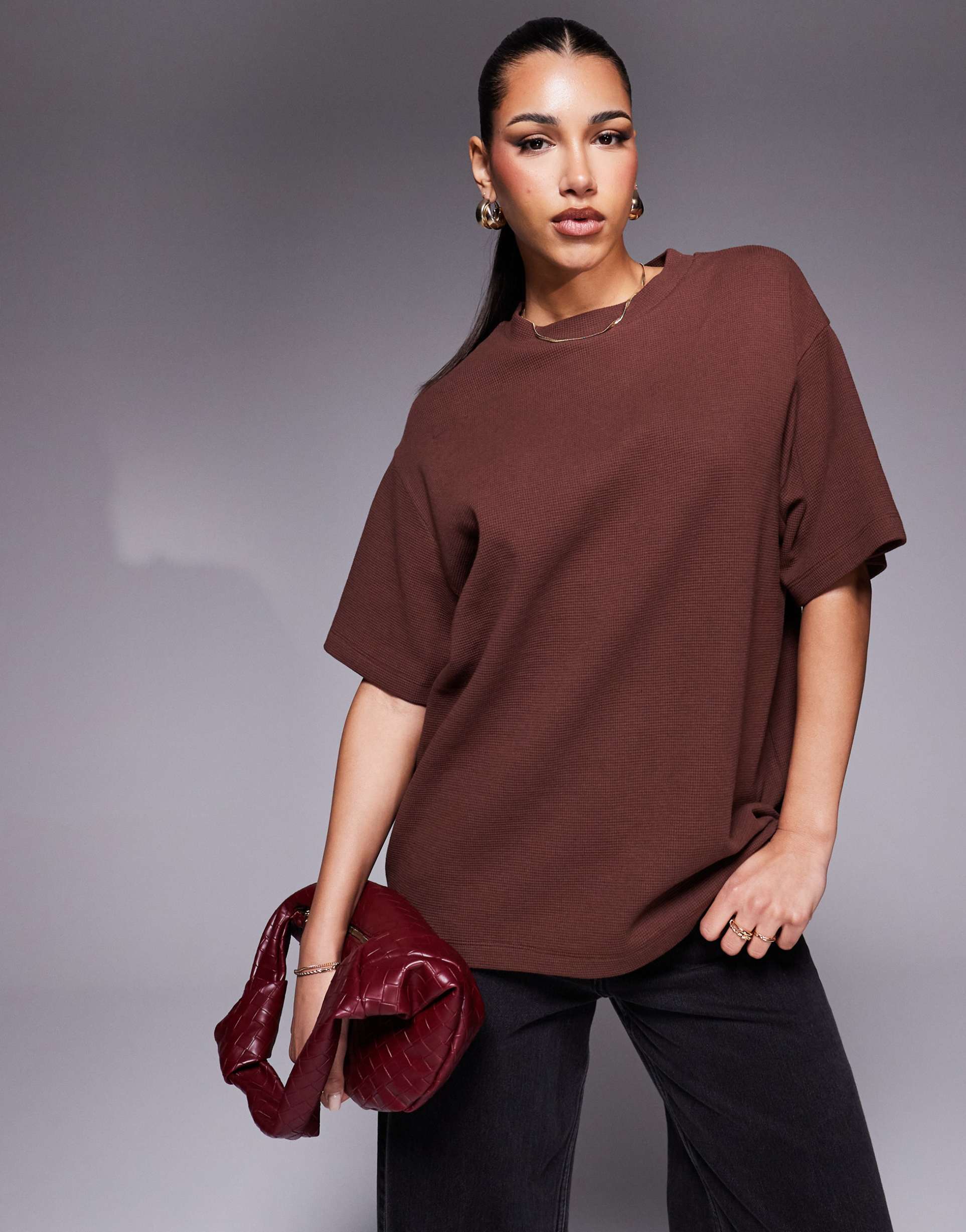 asos design oversized waffle short sleeve t-shirt in brown