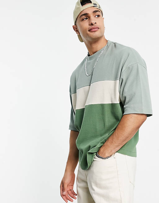  oversized waffle t-shirt in green & beige colour block 