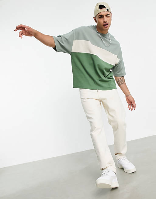  oversized waffle t-shirt in green & beige colour block 