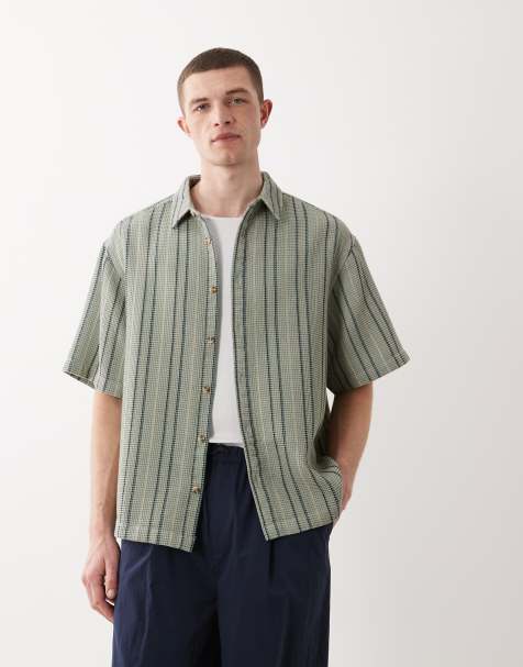 ASOS DESIGN oversized waffle textured shirt in sage green stripes - view 1