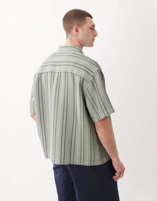 ASOS DESIGN oversized waffle textured stripe shirt in sage green, 5 of 6