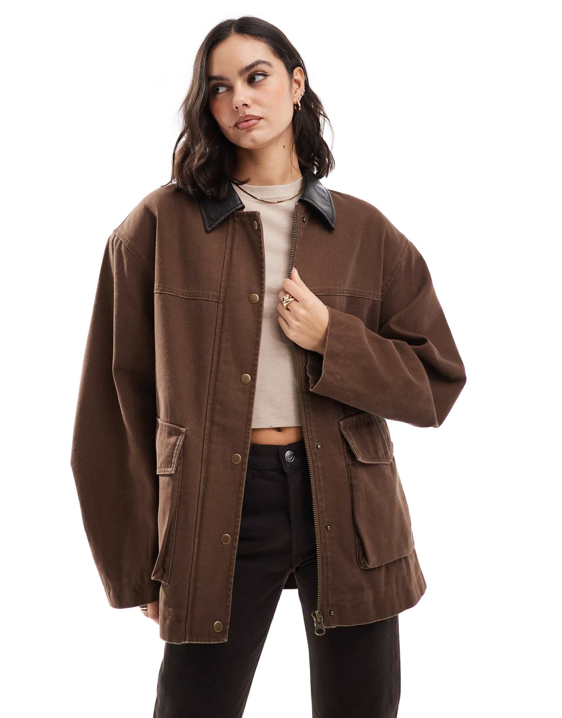 asos design oversized washed barn jacket with leather look collar in mushroom