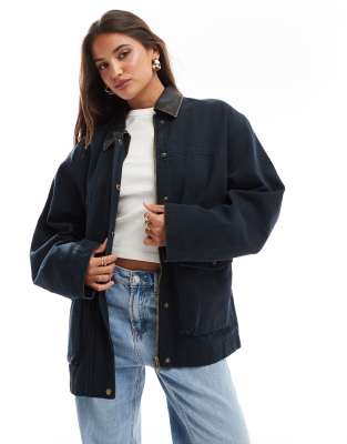 oversized washed barn jacket with leather look collar in navy