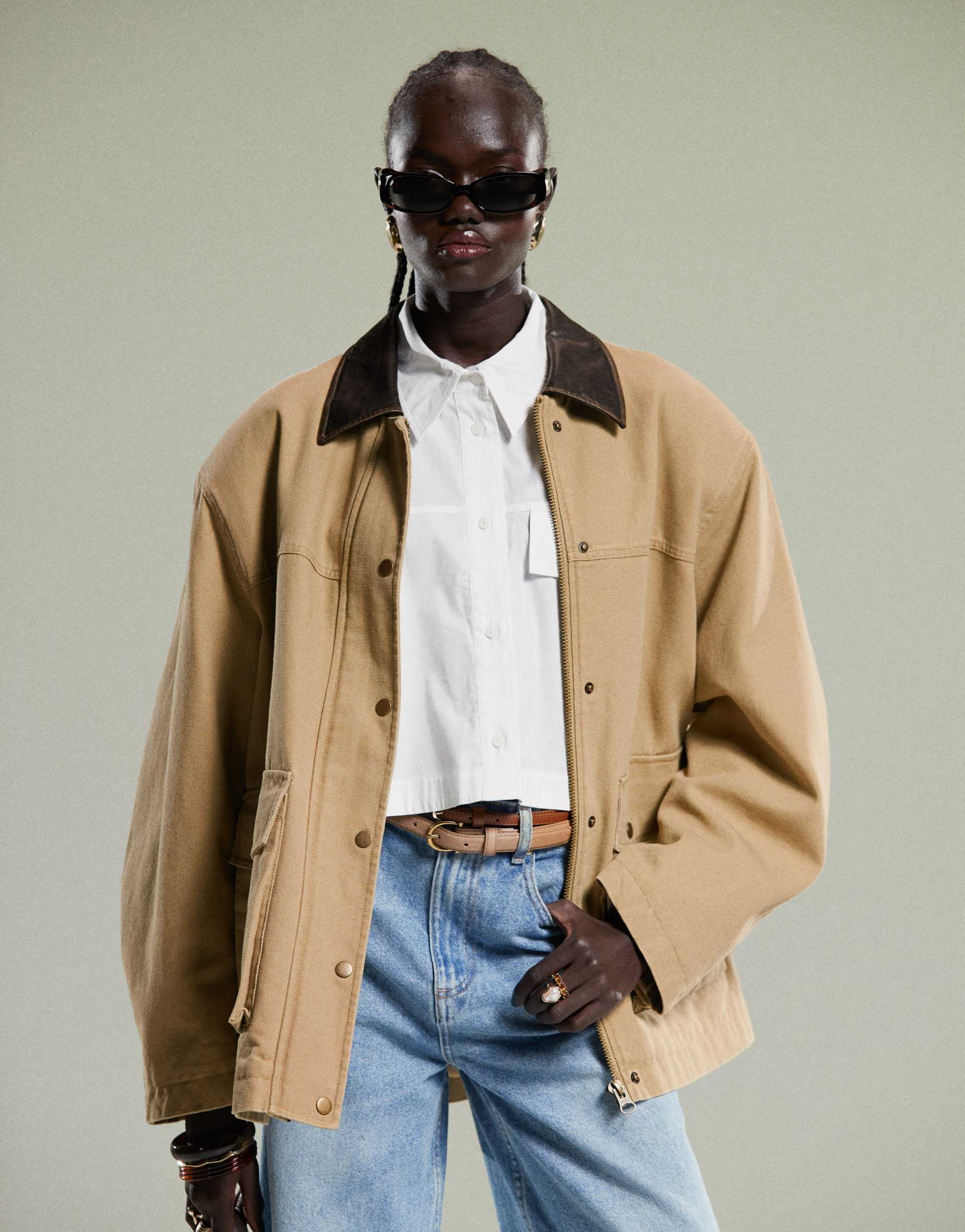 asos design oversized washed barn jacket with leather look collar in stone