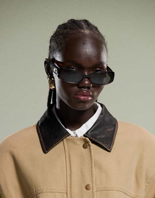 ASOS DESIGN oversized washed barn jacket with leather look collar in stone