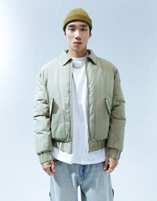 ASOS DESIGN oversized washed bomber jacket in khaki-Green