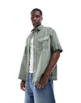 ASOS DESIGN regular shirt in khaki stripe with chest embroidery