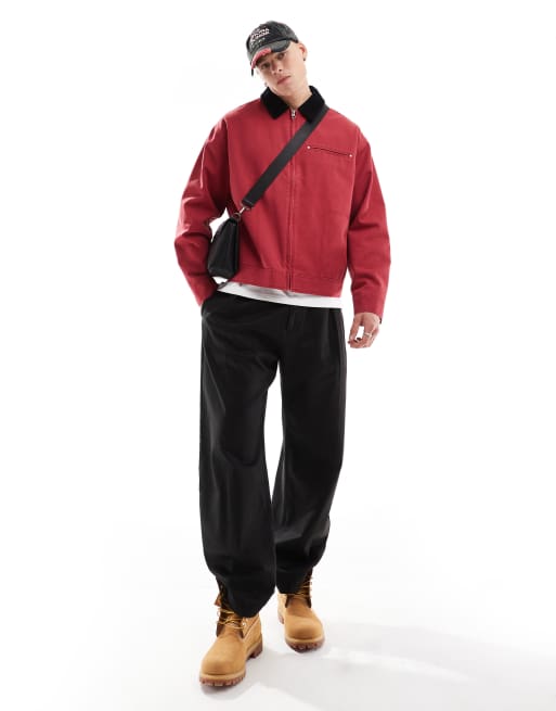 ASOS DESIGN oversized washed harrington jacket in red, 2 of 4