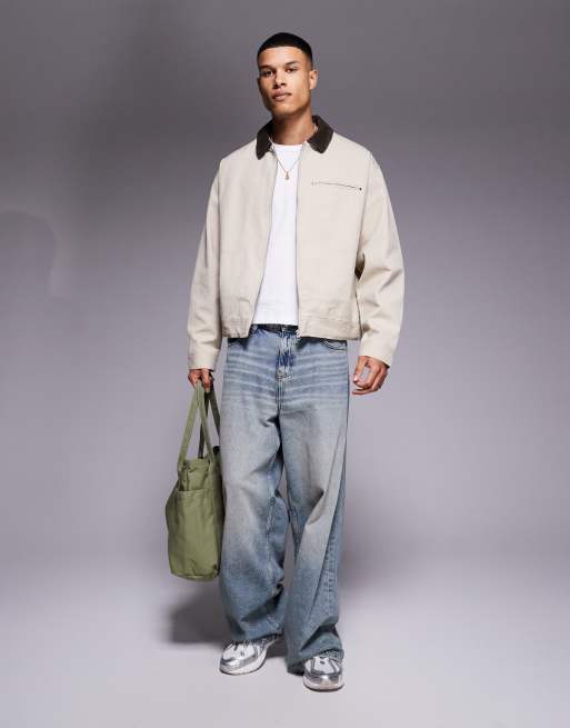 ASOS DESIGN oversized washed harrington jacket in stone