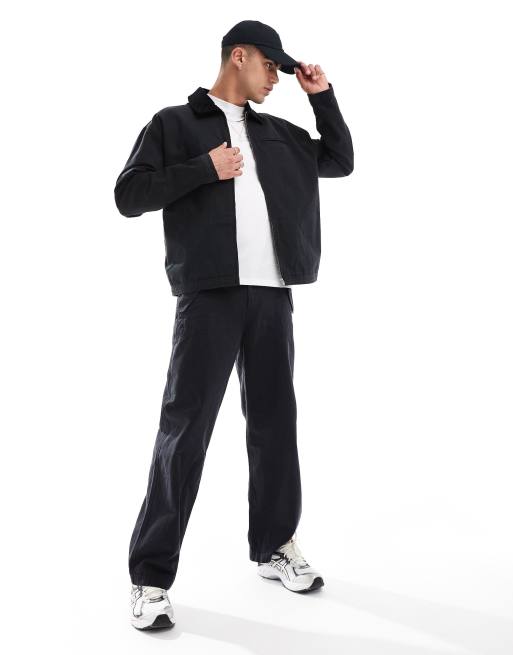 ASOS DESIGN oversized washed harrington jacket with corduroy collar in black