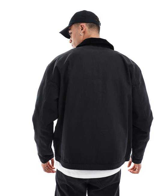 ASOS DESIGN oversized washed harrington jacket with corduroy collar in black
