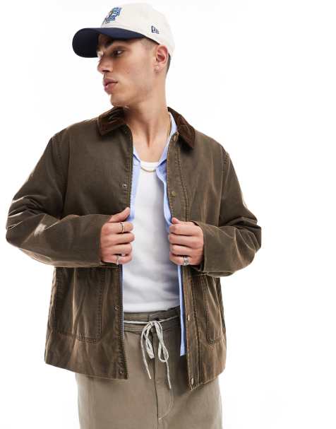 ASOS DESIGN oversized washed harrington jacket with cord collar in brown - view 1