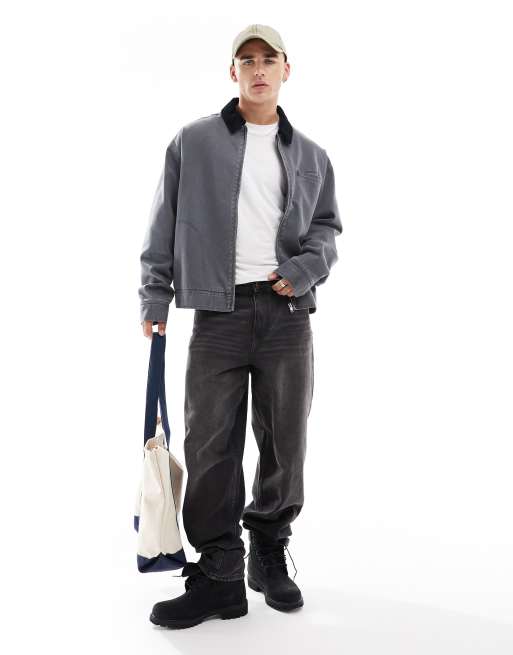 ASOS DESIGN oversized washed harrington jacket with cord collar in gray