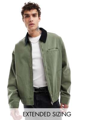 ASOS DESIGN oversized washed harrington jacket with cord collar in khaki-Green