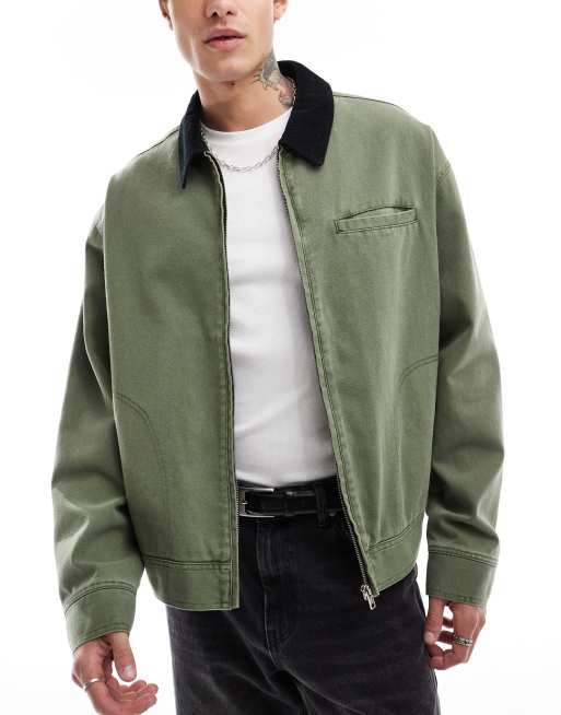 ASOS DESIGN oversized washed harrington jacket with cord collar in khaki