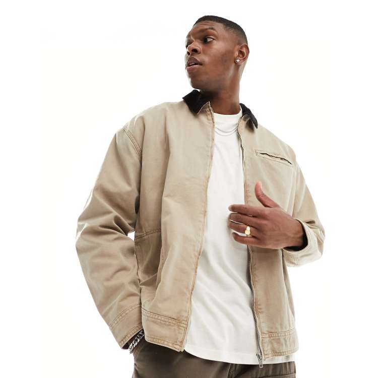 ASOS DESIGN oversized washed harrington jacket with cord collar in stone