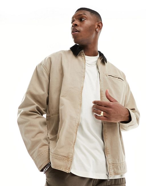 ASOS DESIGN oversized washed harrington jacket with cord collar in stone