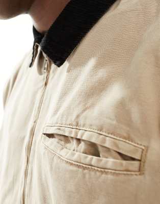 ASOS DESIGN oversized washed harrington jacket with cord collar in stone
