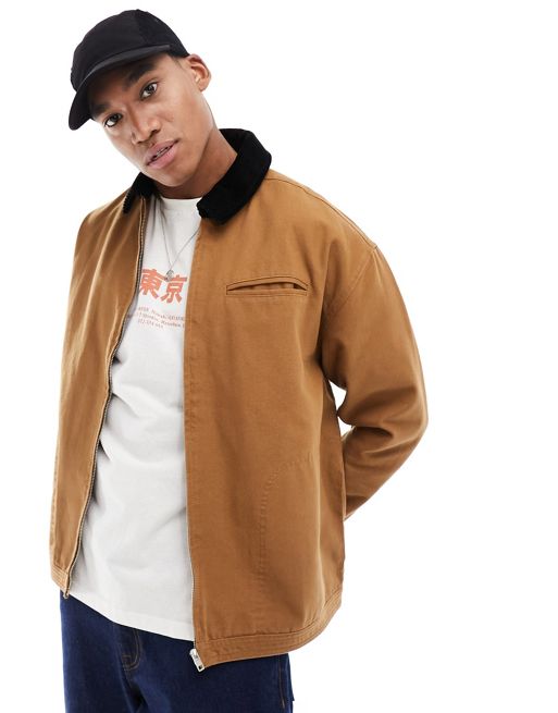 FhyzicsShops DESIGN oversized washed harrington jacket with cord collar in tan