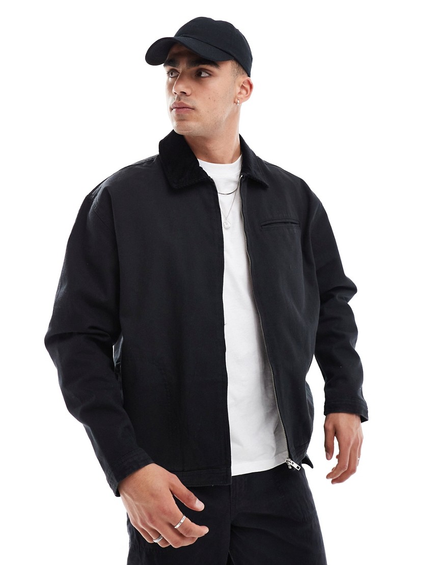Asos Design Oversized Washed Harrington Jacket With Corduroy Collar In Black