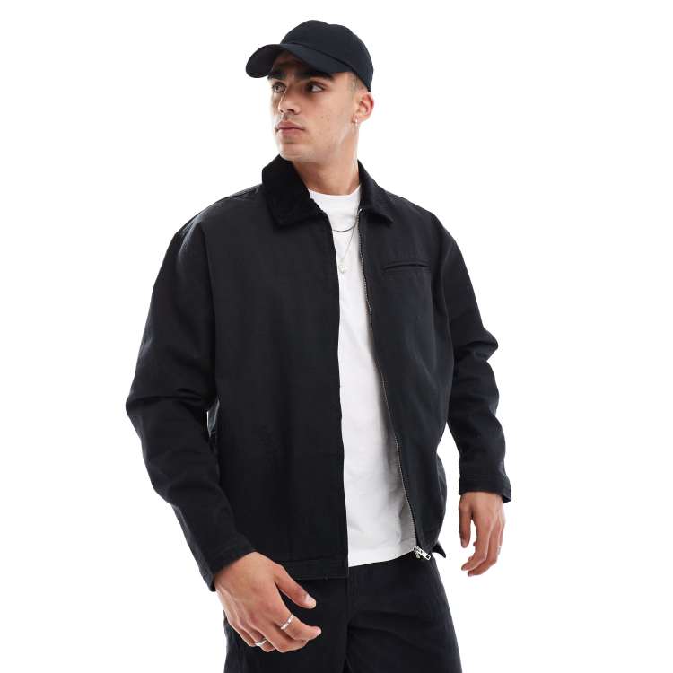 ASOS DESIGN oversized washed harrington jacket with corduroy collar in black