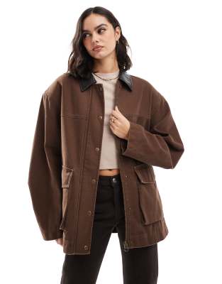 ASOS DESIGN oversized washed jacket with leather look collar in mushroom-Neutral