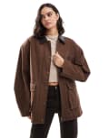 [ASOS DESIGN] ASOS DESIGN oversized washed jacket with leather look collar in mushroom-Neutral 6 Mushroom