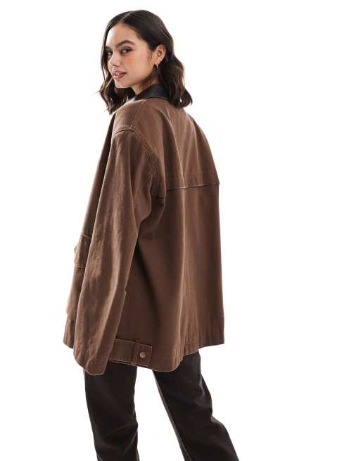 ASOS DESIGN oversized washed jacket with leather look collar