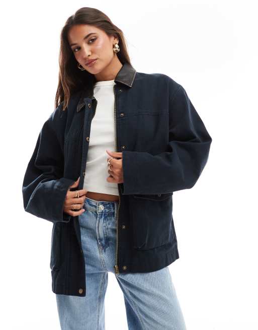 ASOS DESIGN oversized washed jacket with leather look collar in navy | ASOS