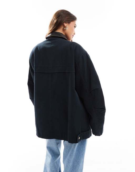 ASOS DESIGN oversized washed jacket with leather look collar in navy, 4 of 4