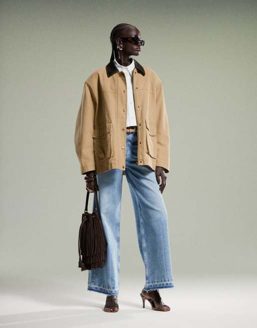 ASOS DESIGN oversized washed barn jacket with leather look collar in stone