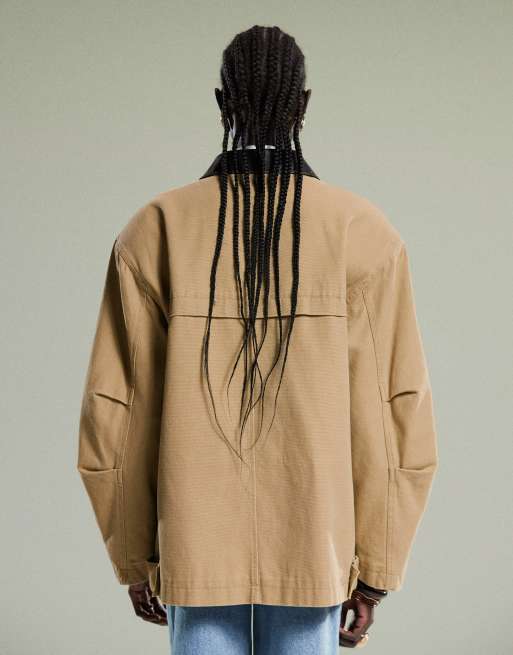 ASOS DESIGN oversized washed barn jacket with leather look collar in stone
