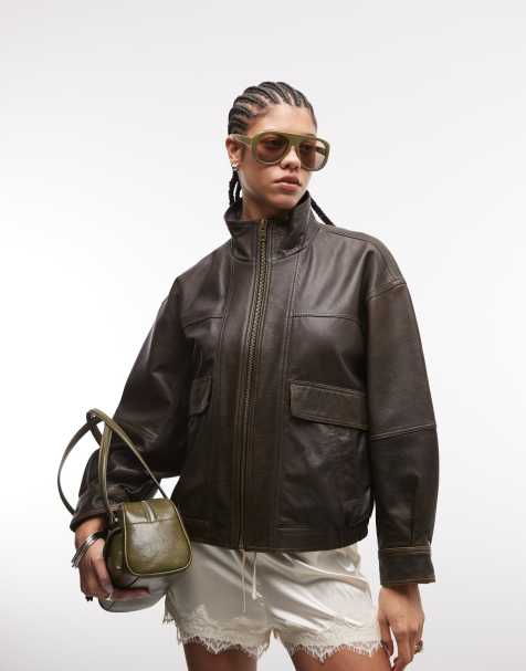 ASOS DESIGN oversized washed leather bomber jacket in brown - view 1