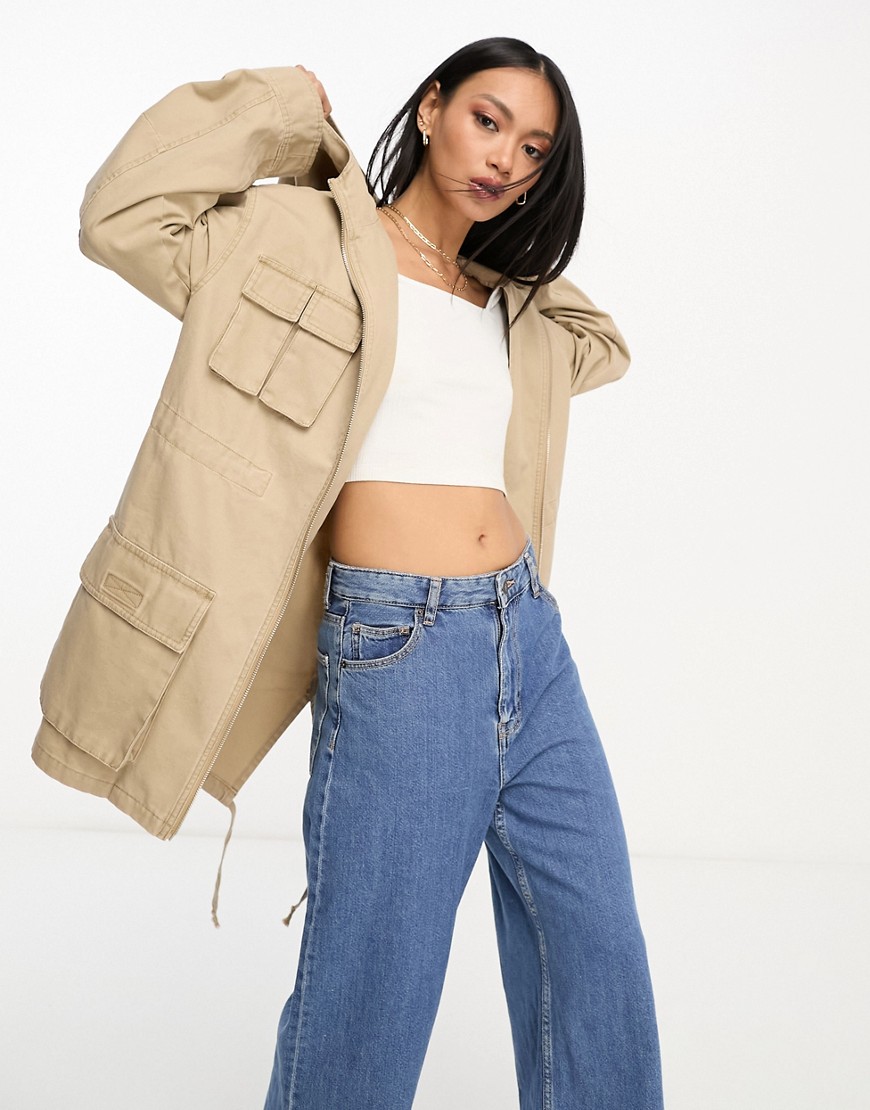 ASOS DESIGN oversized washed parka with cargo pockets in sand-Green