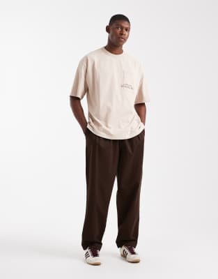 Asos Design Oversized Washed Pocket Tee With Embroidery Chest Graphic In Neutral