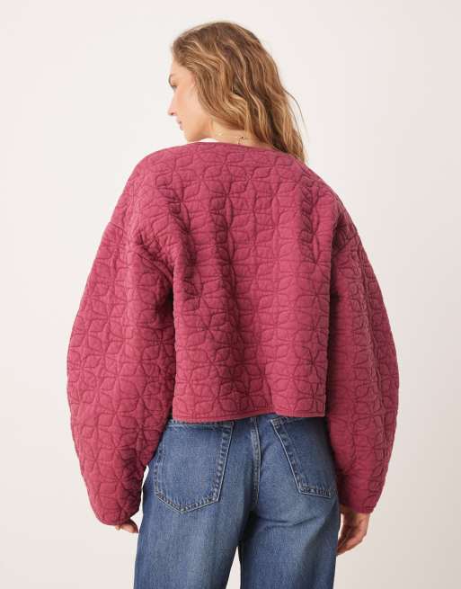 ASOS DESIGN quilted jacket with cocoon sleeve in washed burgundy